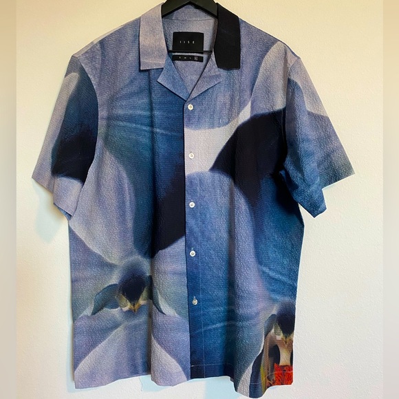Iise Floral Blue Camp Shirt Orchid Print Short Sleeve Button Up Lightweight - Picture 5 of 10